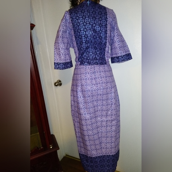 AUTH NIGERIAN M/ L BESPOKE PURPLE BLUE LAVENDER METALLIC  FAUX WRAP MIDI DRESS - Picture 9 of 10